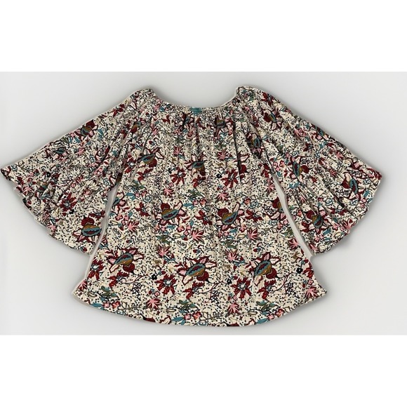 Turquoise Haven Tan Floral Print Tunic Blouse Bell Sleeve Size L Style Your Life - Picture 2 of 10